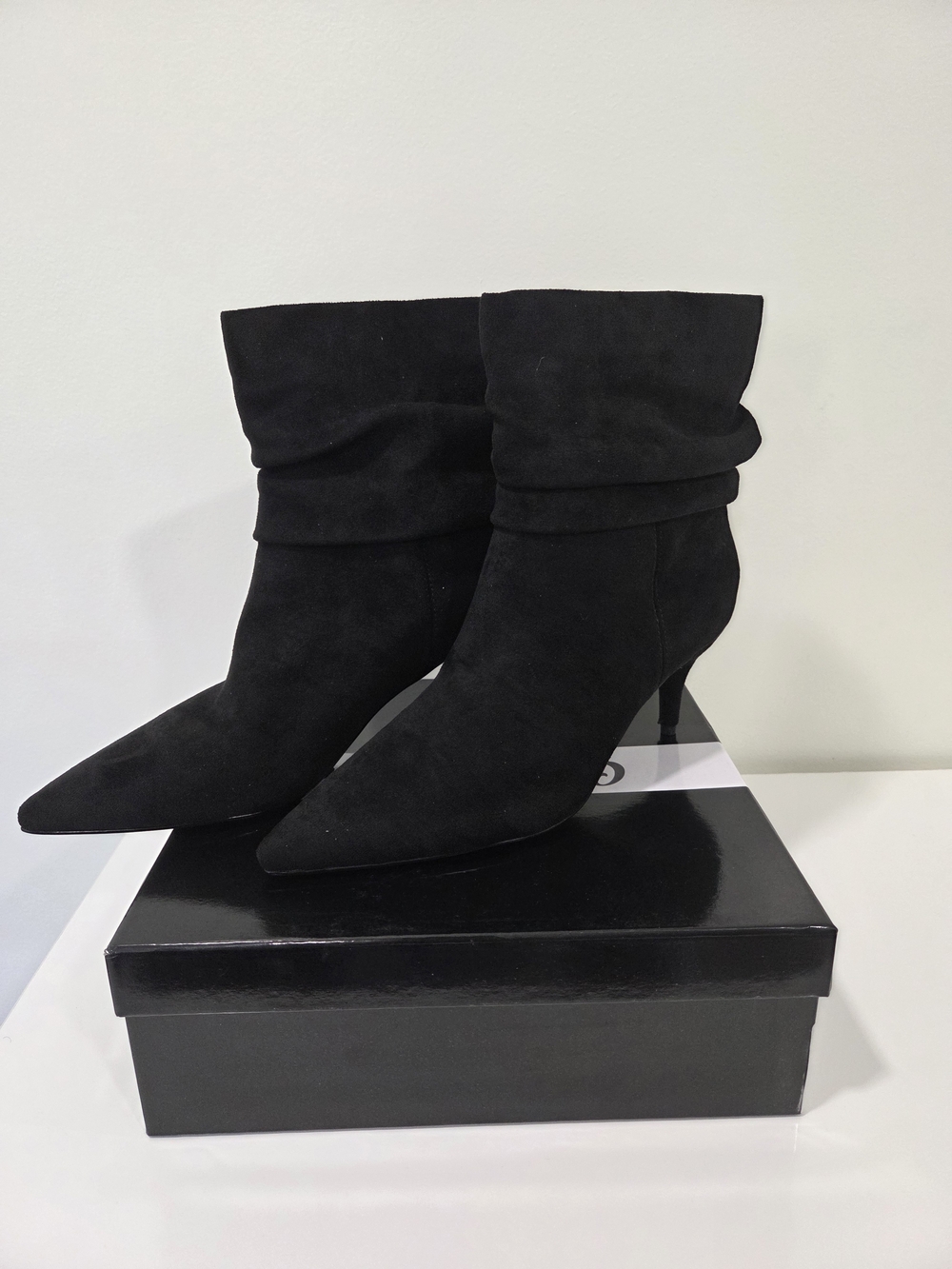 Women's Black Suede Slouchy Ankle Boots with Kitten Heel